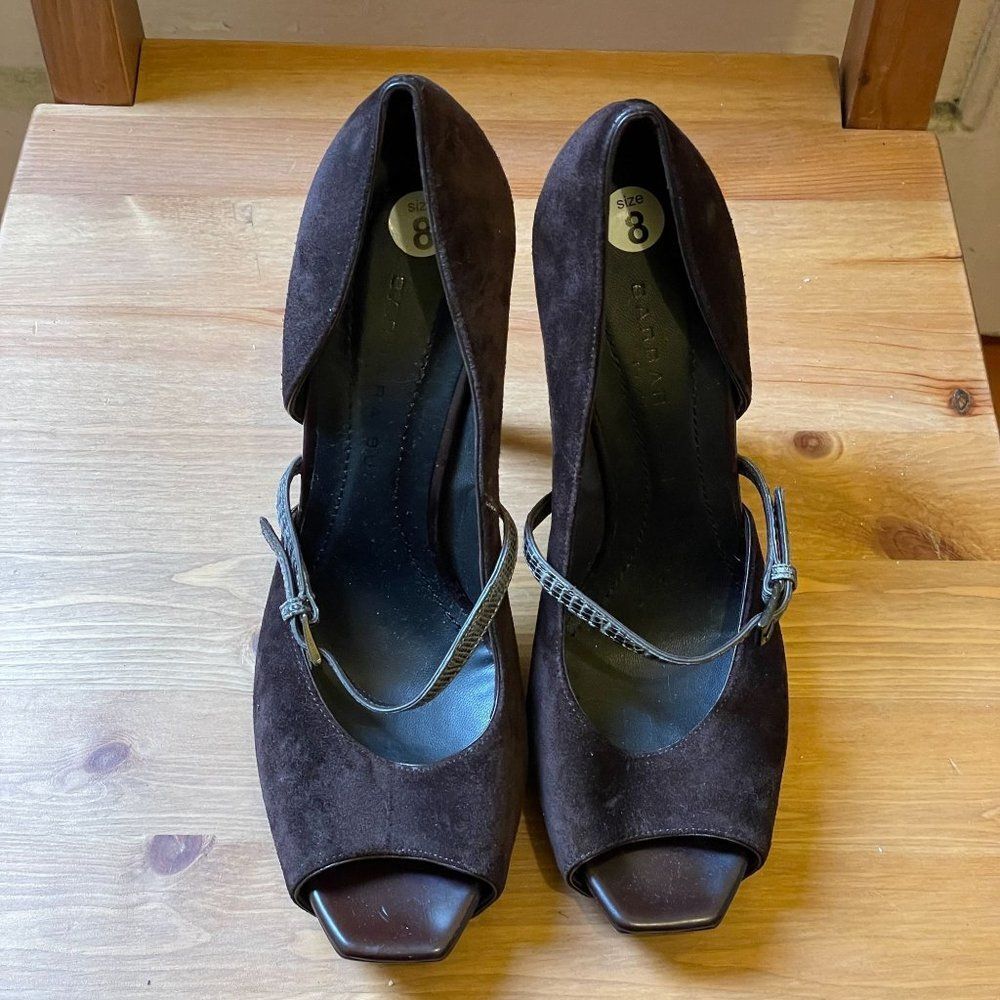 Italian Brown Suede Platform Heels Sz 8 Peep Toe Statement Girlboss Corporate